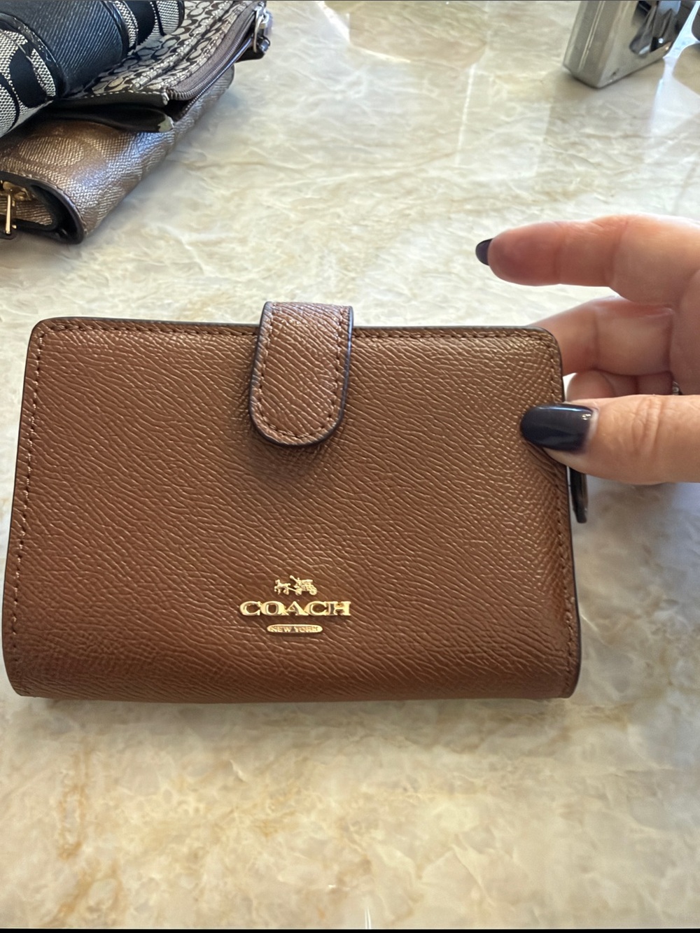 Coach Brown Pebble Leather Snap Wallet with Gold Logo